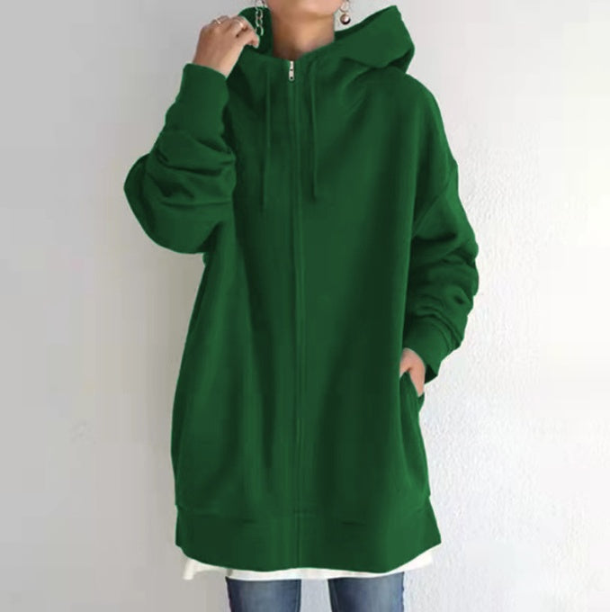 Oversized S-5XL Women Loose Hooded Coats Autumn Female Tie Collar Long Sleeve Zipper Up Add Velvet Long Sweatshirt - cas7m