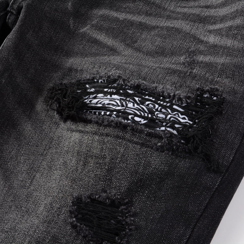 New High Street Washed Broken Cashew Flower Slim Casual Men's Jeans - cas7m