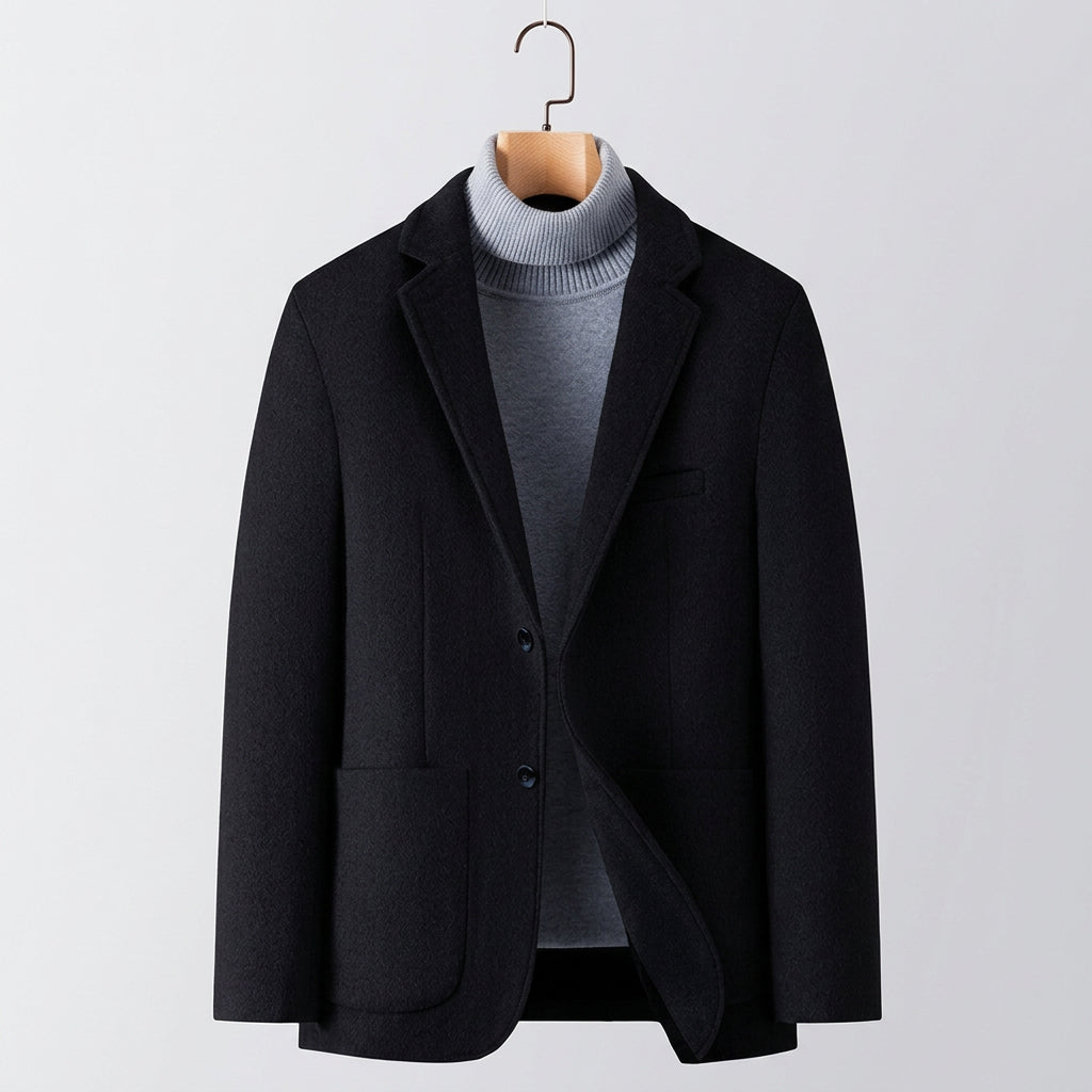 A men's black blazer jacket displayed on a hanger over a gray turtleneck sweater, with a flame graphic and the text 'Fleece-lined' in the lower right corner.