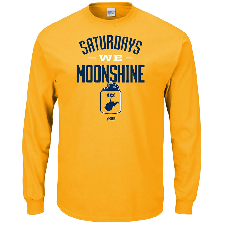 A yellow long-sleeve t-shirt with a navy blue graphic on the front that reads 'SATURDAYS WE MOONSHINE' above a moon graphic containing the word 'MERCER'.