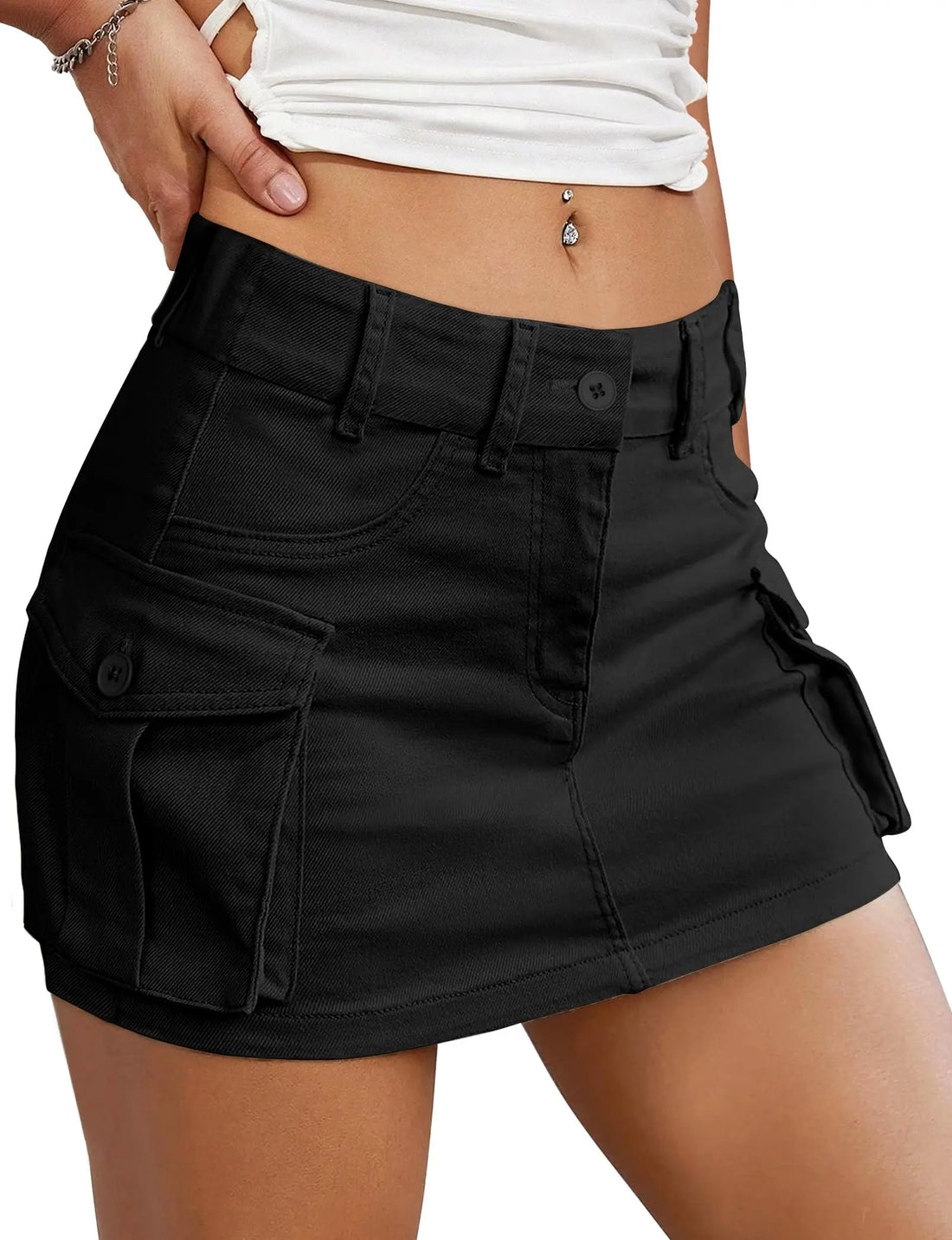 Black cargo skirt worn by a person on a white background