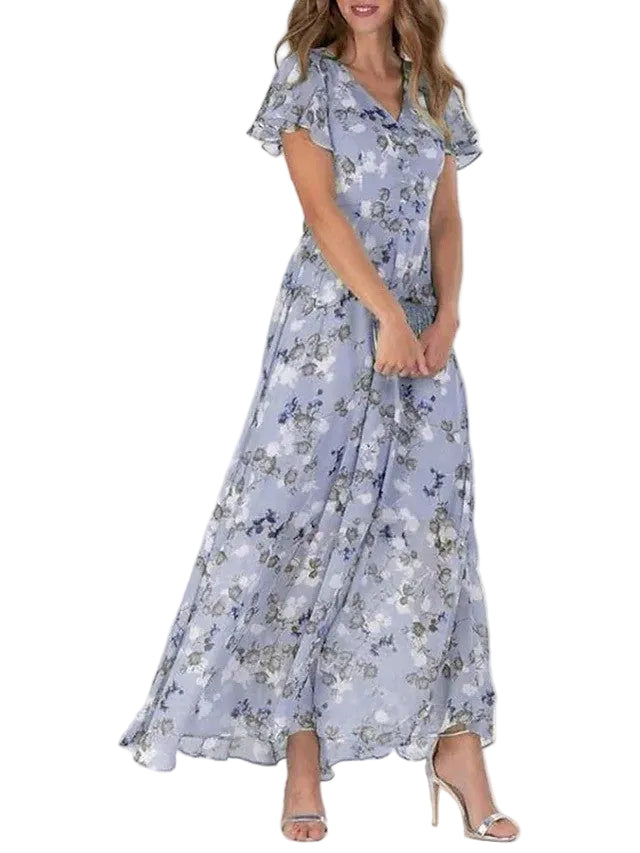 Flowers Print Short Sleeve Dress Summer Fashion Ruffle Beach Dresses Women's Clothing - cas7m