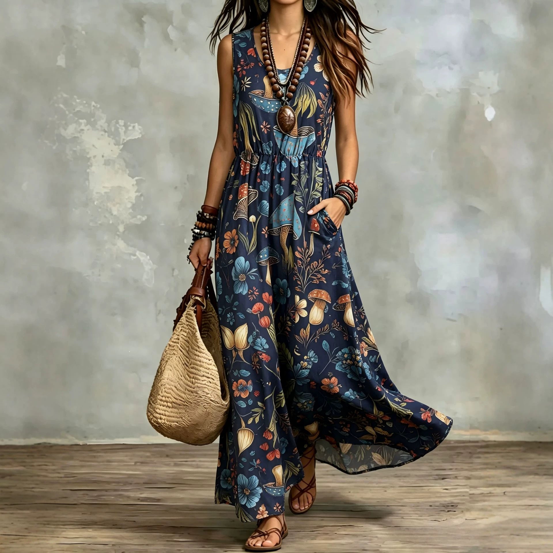 Elegant Sleeveless Printed Long Dress With Pockets - cas7m