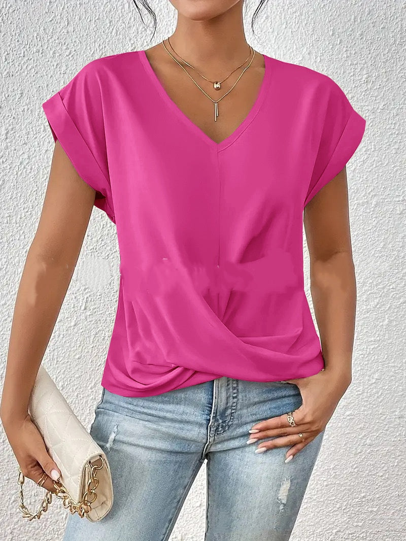 Fashion V-neck Short-sleeve T-shirt Summer Casual Irregular Knot Top For Women Clothing - cas7m