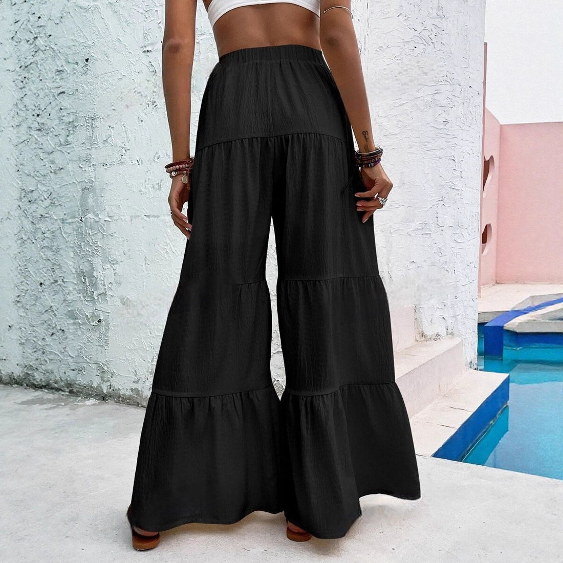 Pleated Elastic Waist Pants Female Wide-leg Casual Pants - cas7m