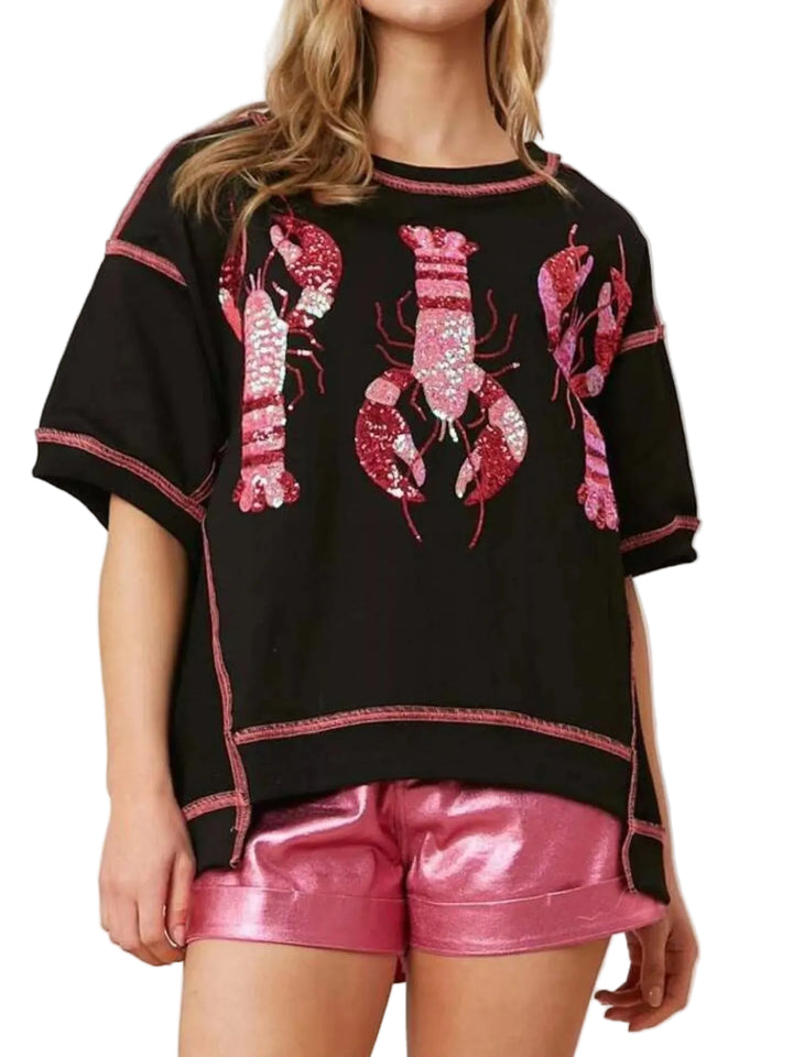 Sequin Lobster Half Sleeve T-Shirt - cas7m
