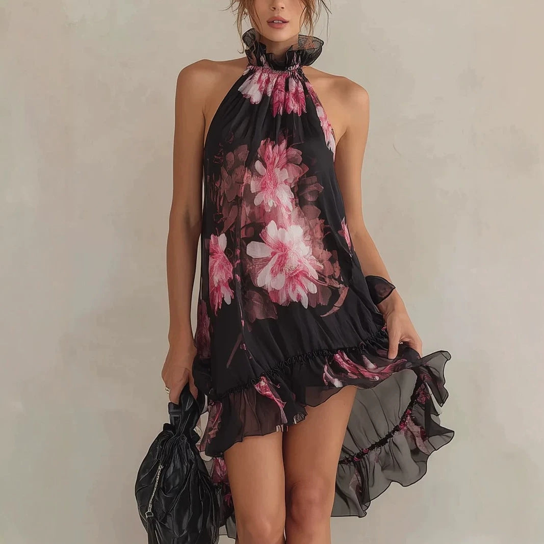Chiffon Printed Off-shoulder Sexy Dress - cas7m