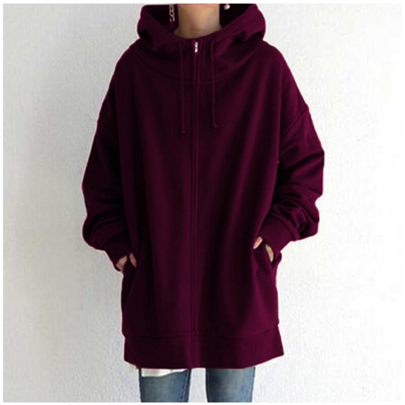Oversized S-5XL Women Loose Hooded Coats Autumn Female Tie Collar Long Sleeve Zipper Up Add Velvet Long Sweatshirt - cas7m