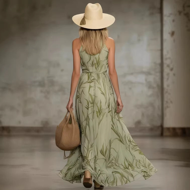 Elegant Leaf-print Off-shoulder Neckline Chiffon Sleeveless Long Dress For Women - cas7m