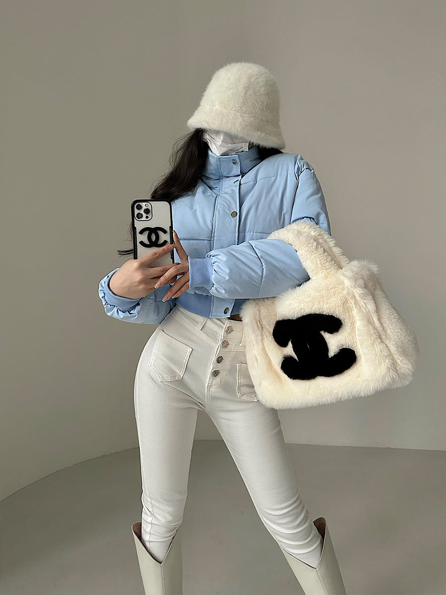 Hot Girl Fashionable Stand Collar Zipper Elastic And Waisted Warm Quilted Jacket Short Cotton Coat Women - cas7m