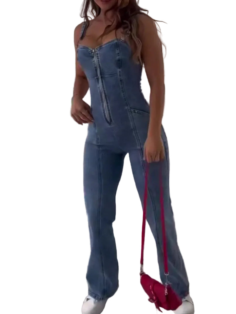 Sleeveless Paneled Zipper Denim Jumpsuit - cas7m