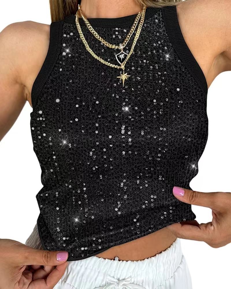 Sexy Cropped Sleeveless Sequin Leopard Print Vest - cas7m