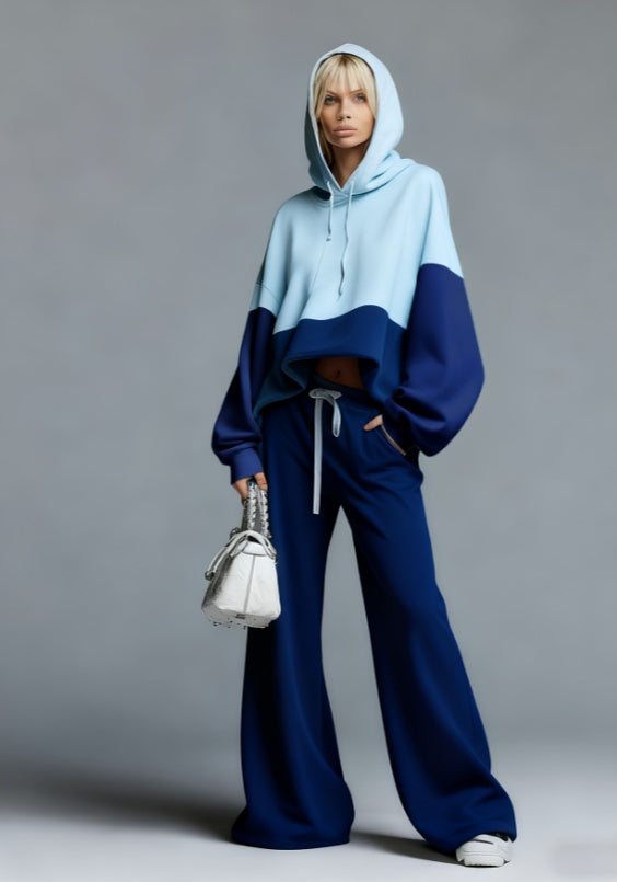 Color-blocked Hoodie And Wide-leg Pants Two-piece Set - cas7m
