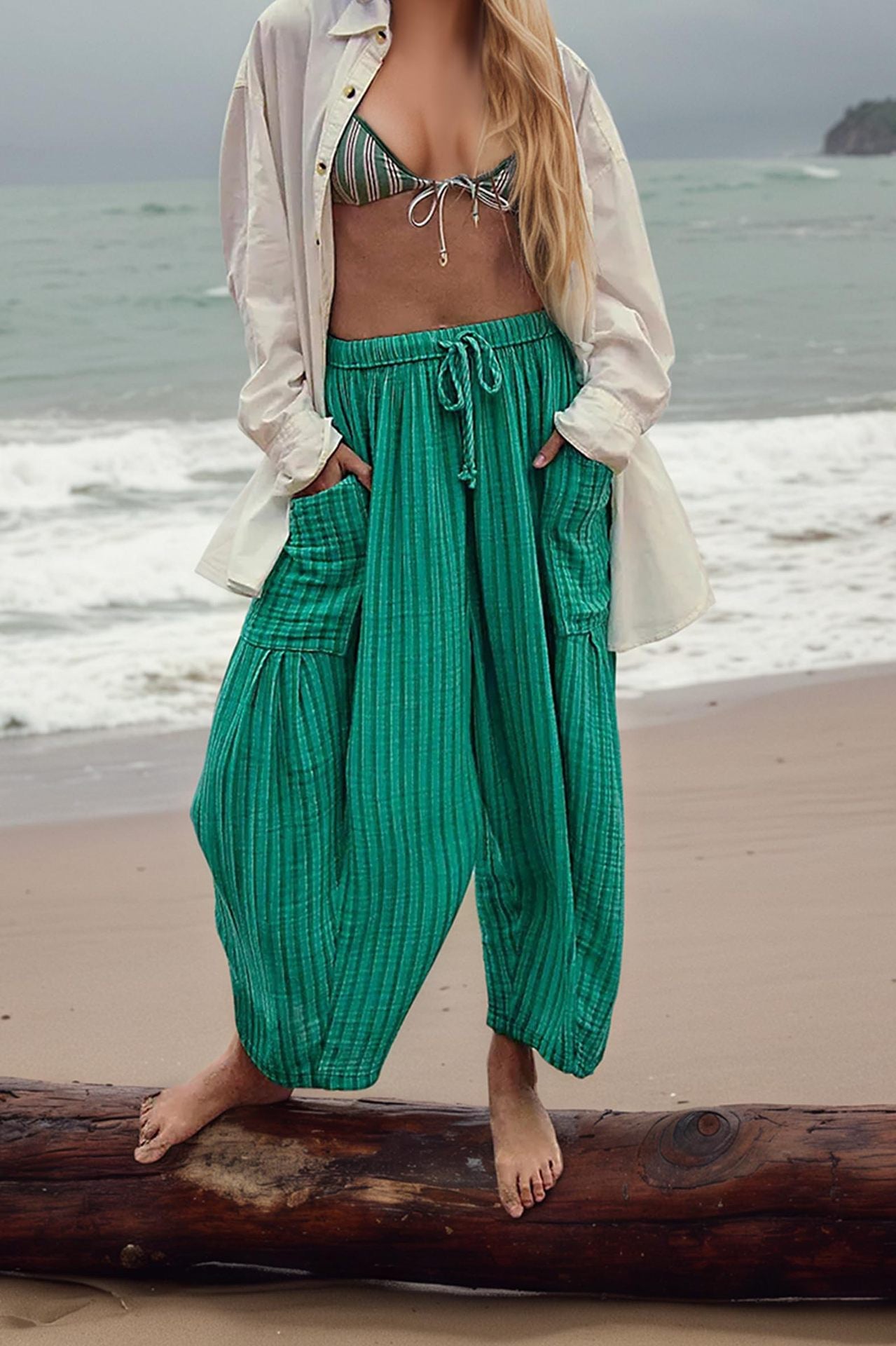 Striped Straight-leg Pants Elastic Waist Cropped Pleated Pants - cas7m