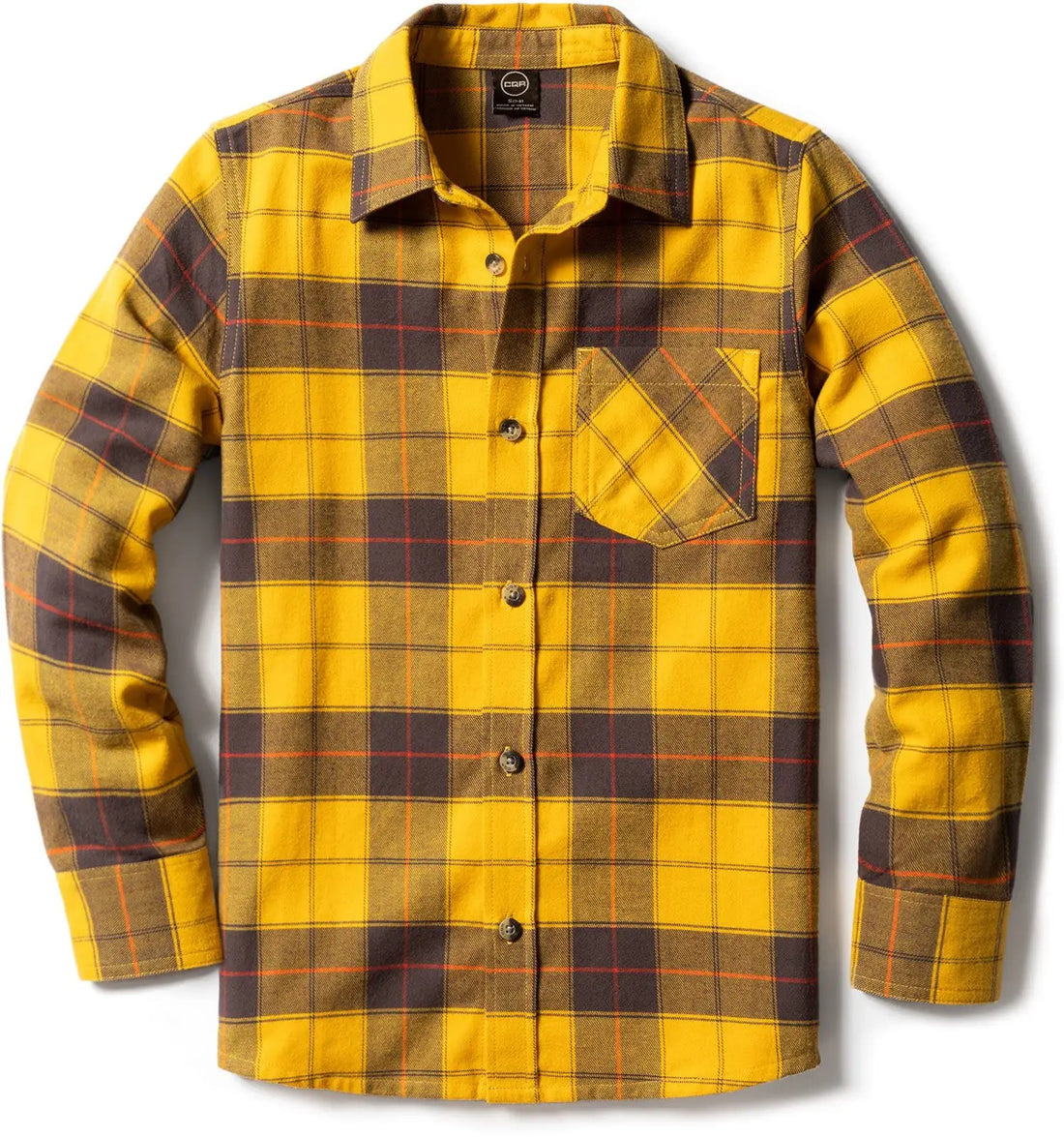 A yellow and brown plaid button-up flannel shirt with a chest pocket, displayed flat against a white background.