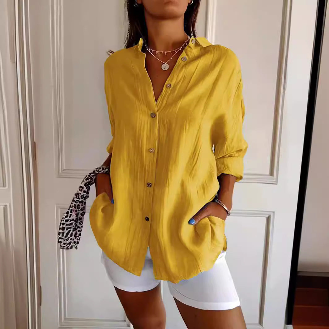 Lapel Long Sleeve Shirt Women's Single-breasted Pleated Shirt Tops Clothing - cas7m