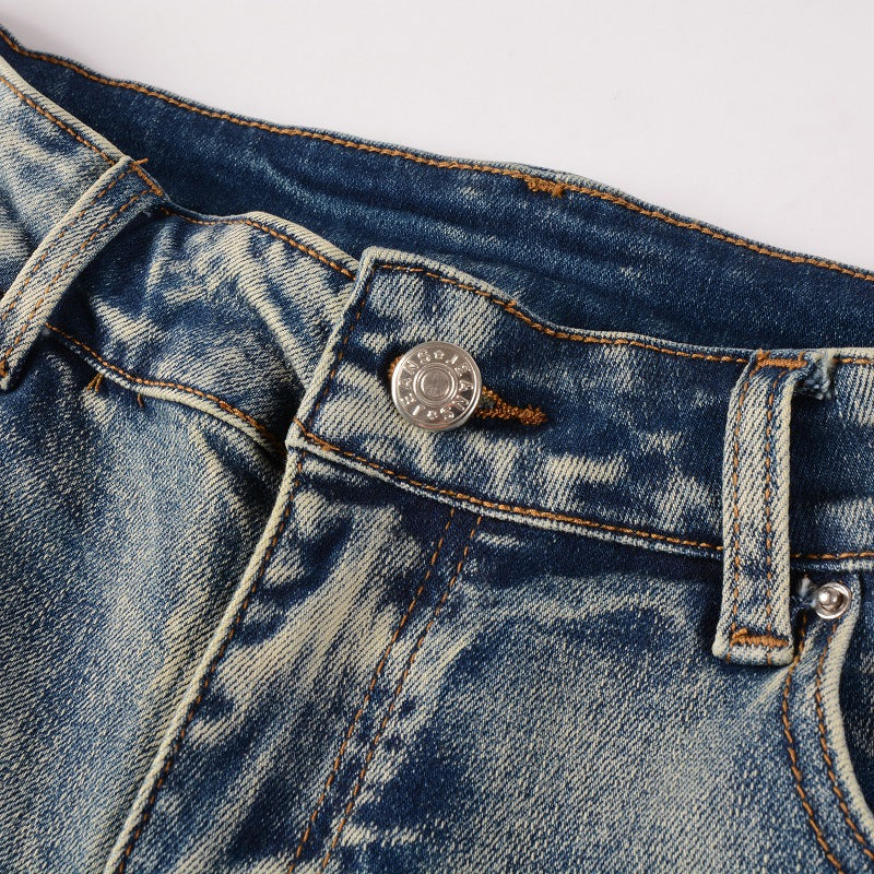 Men's Frayed And Worn Washed Ink Painting Slim Jeans - cas7m