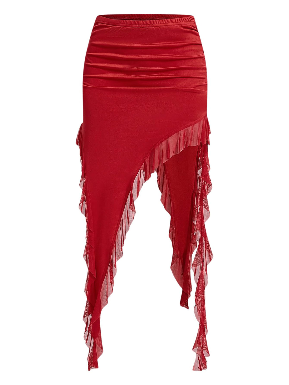 A red asymmetrical wrap skirt with a ruched waist and layered sheer ruffle trim along the uneven hem, shown on a plain white background.