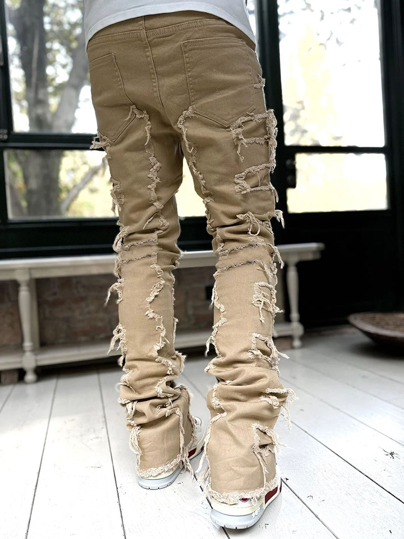 Ins Fringes Ripped Trousers Individual Patched Pants Long Tight Fit Stacked Jeans For Mens Clothing - cas7m