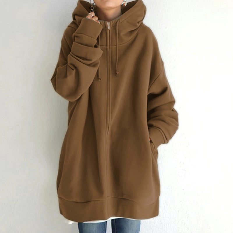Oversized S-5XL Women Loose Hooded Coats Autumn Female Tie Collar Long Sleeve Zipper Up Add Velvet Long Sweatshirt - cas7m