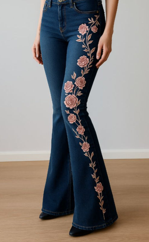 Women's Casual Floral Print Slim-fit Flared Jeans - cas7m