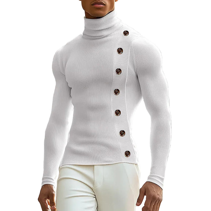 European And American Men Casual Sweater Turtleneck Buttons Solid Color Long Sleeve - cas7m
