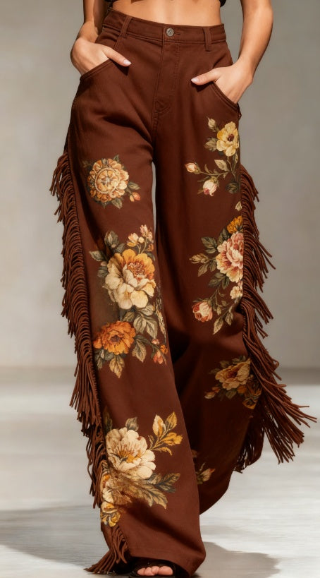 Retro Floral Print Fringed Wide-Leg Pants - cas7m