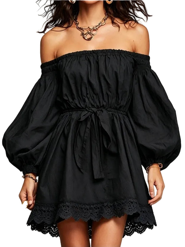Bohemian Black Off Shoulder Bubble Sleeve Short Dress With Crochet Trim - cas7m