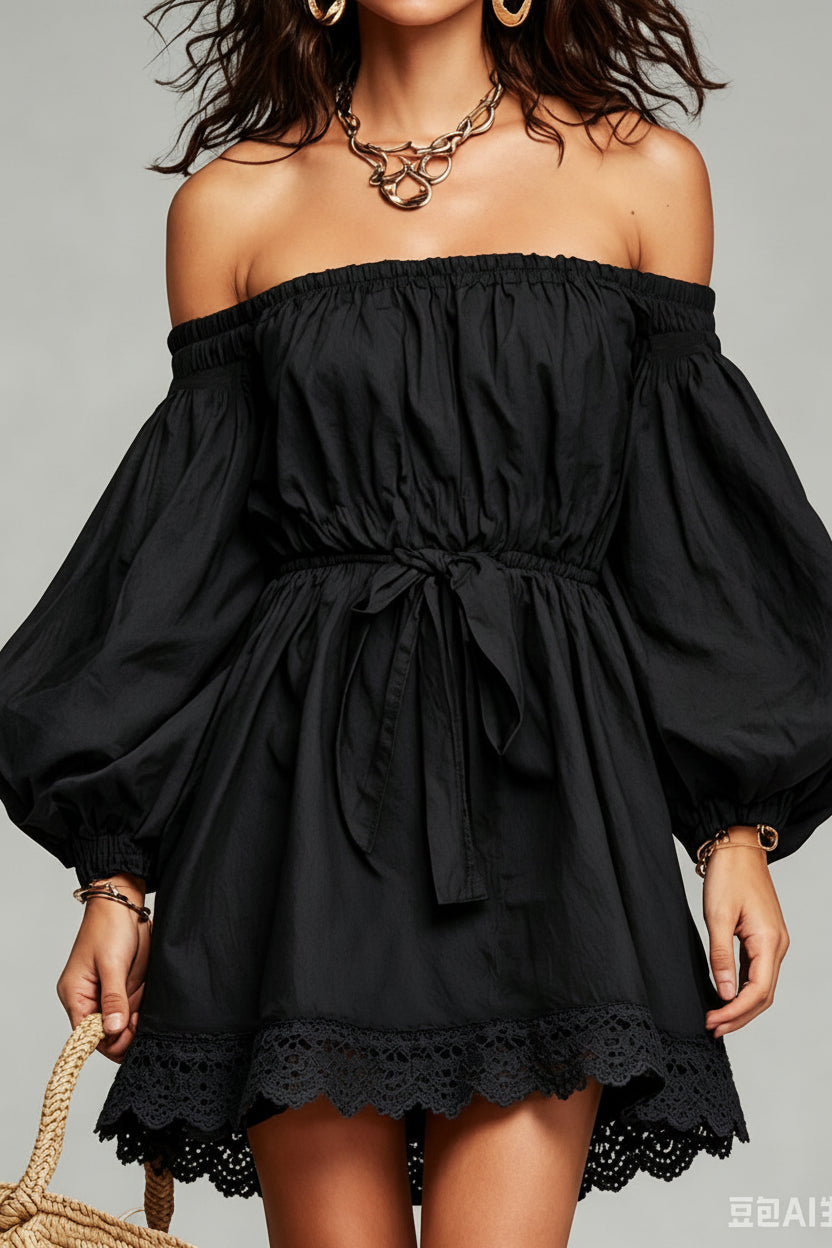 Bohemian Black Off Shoulder Bubble Sleeve Short Dress With Crochet Trim - cas7m