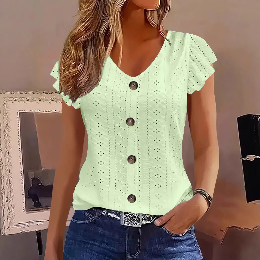 Solid Color Jacquard V-neck Buttons Long Sleeve T-shirt - cas7m