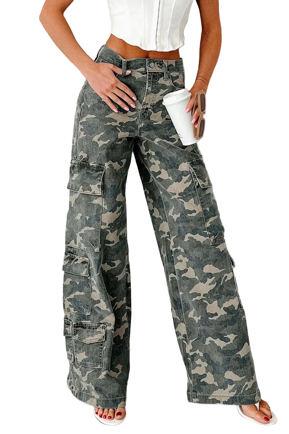 Green Camo Denim Cargo Wide Leg Pants - cas7m