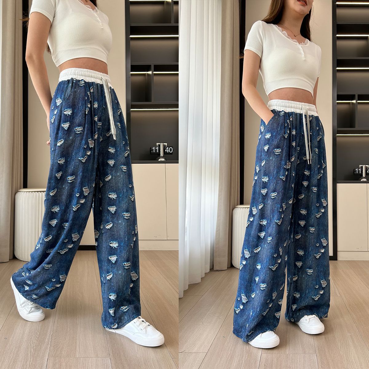 Casual Ladies Drapey Floor-Length Straight Pants - cas7m