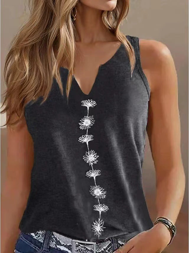 Casual Loose V-neck S Print Sleeveless T-shirt Women - cas7m