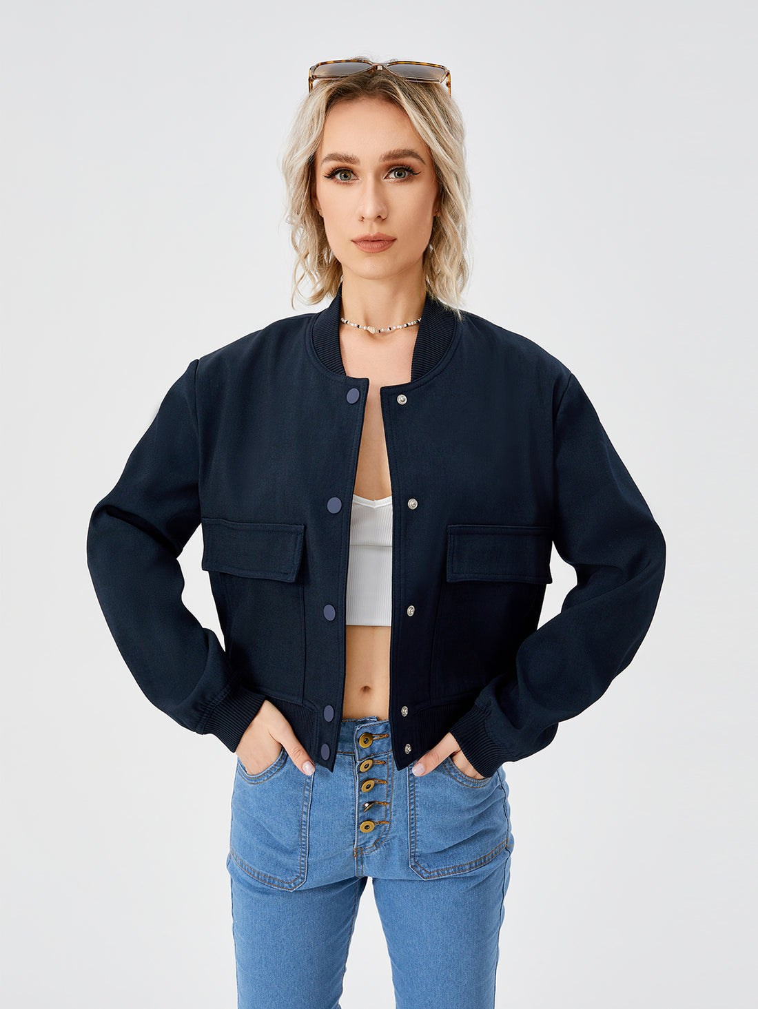 Women's Lightweight Cropped Bomber Jacket Casual Long Sleeve Varsity Jacket With Pocket Fashion Y2k Jacket Streetwear - cas7m