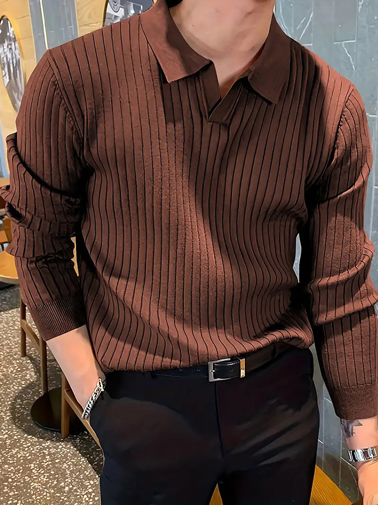 Lapel Texture Stretch Slim Knit Polo Shirt Men Polo Shirt Fashion Waffle Long-sleeved Tops Clothing Casual Comfortable Golf Men's Clothing - cas7m
