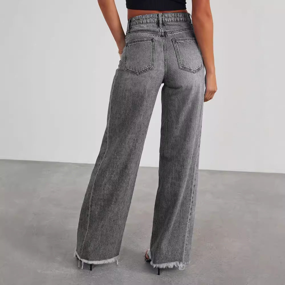 Fashion High Waist Jeans With Pockets Comfortable Slim Fit Straight Wide-leg Pants Womens Clothing - cas7m