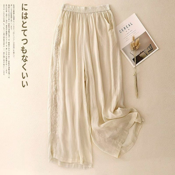 Embroidered Loose-fit Drapey Cotton-linen Pants - cas7m