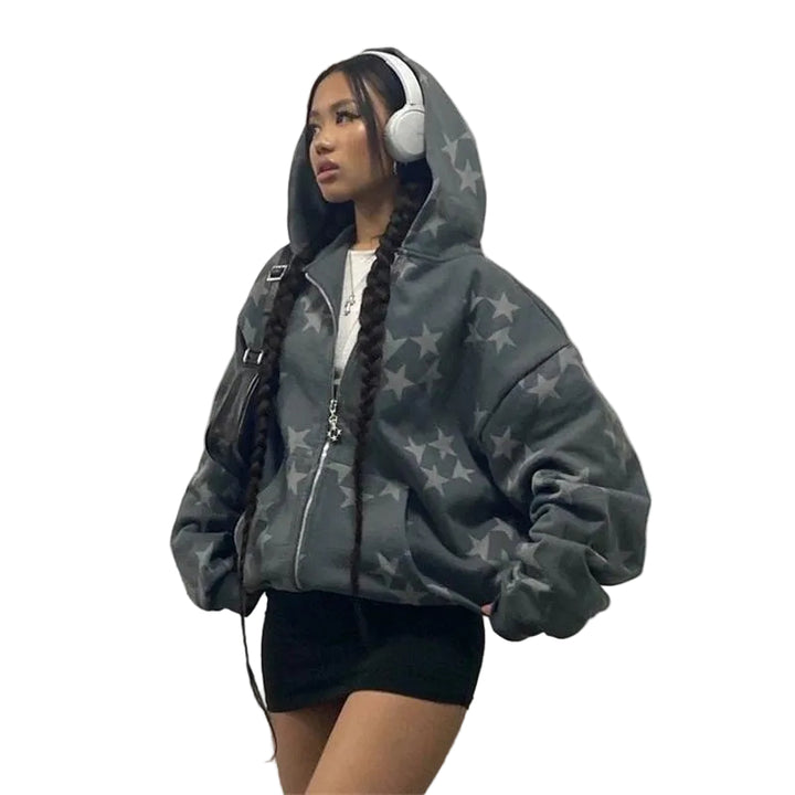Stars Printed Zipper Hooded Cardigan Couple Fashion Outerwear Hoodies Sweatshirt Street Men Women Coat - cas7m