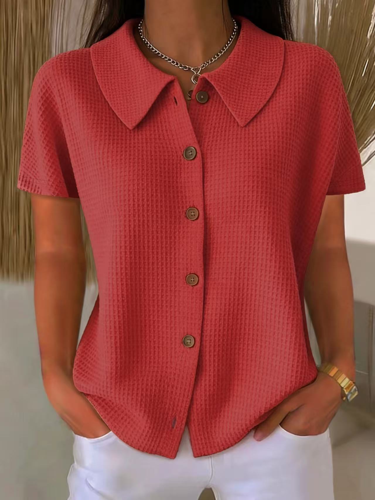 Turn-Down Collar Waffle Weave Solid Color Casual Loose Fit Short Sleeve Shirt - Women's Cotton Blend Lightweight Summer Top For Daily Wear - cas7m