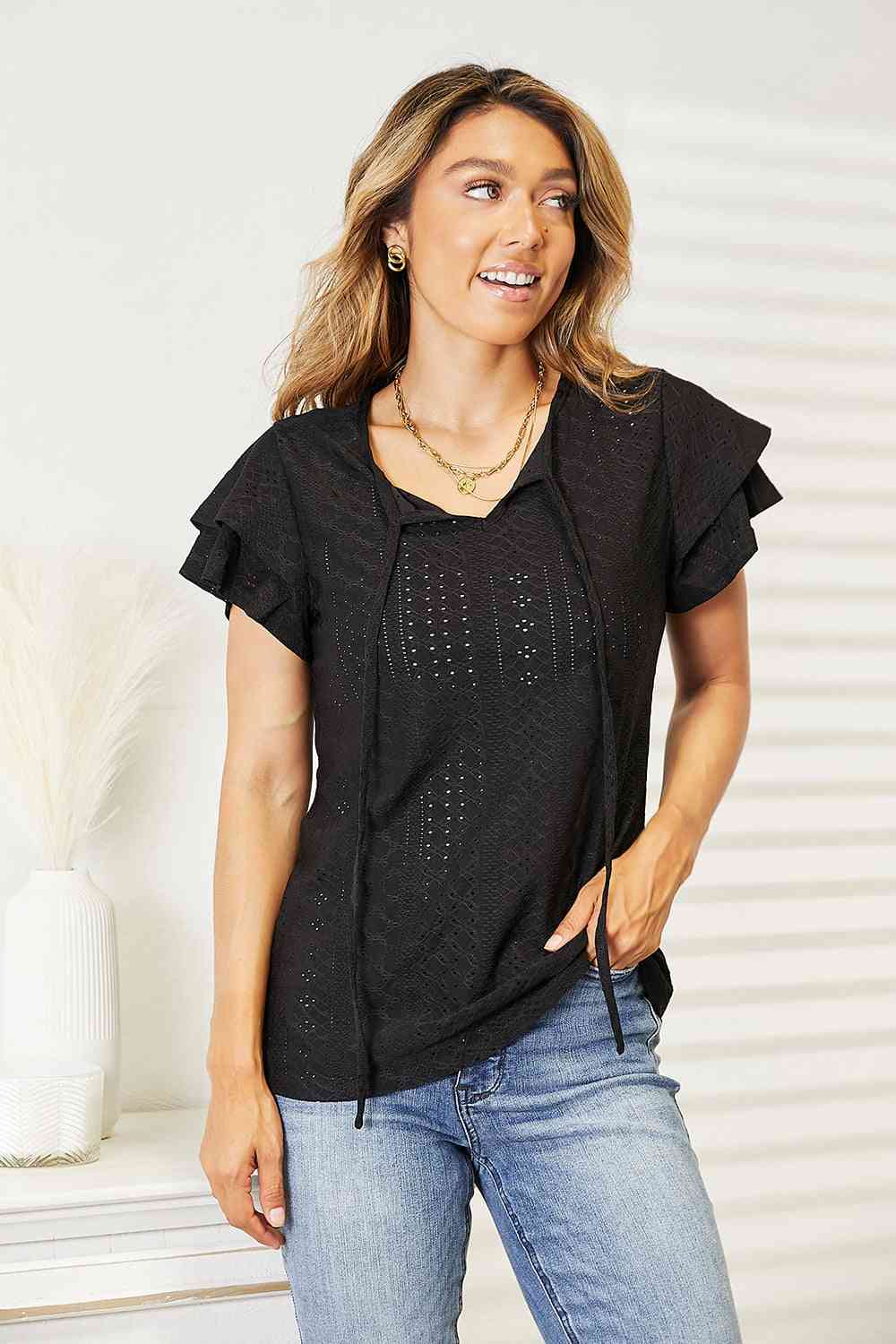 Elegant Eyelet Flutter Blouse