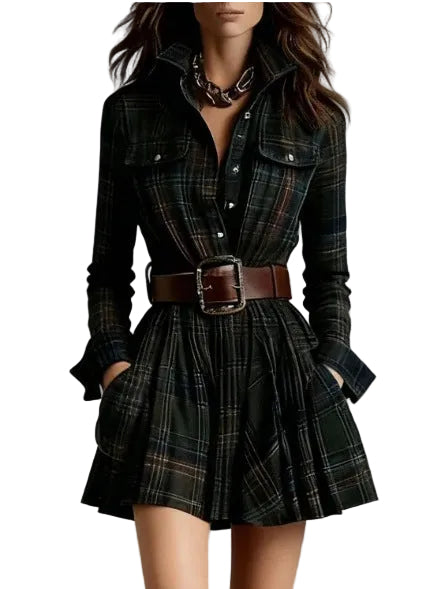 Plaid dress with a belt on a gray background