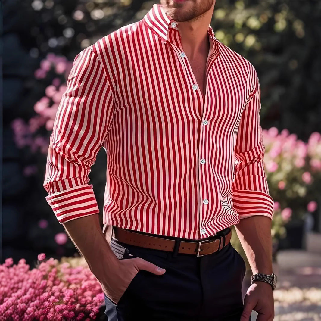 Ins Stripe Printed Long Sleeve Shirt Men Fashion Casual Lapel Button Top Clothing - cas7m
