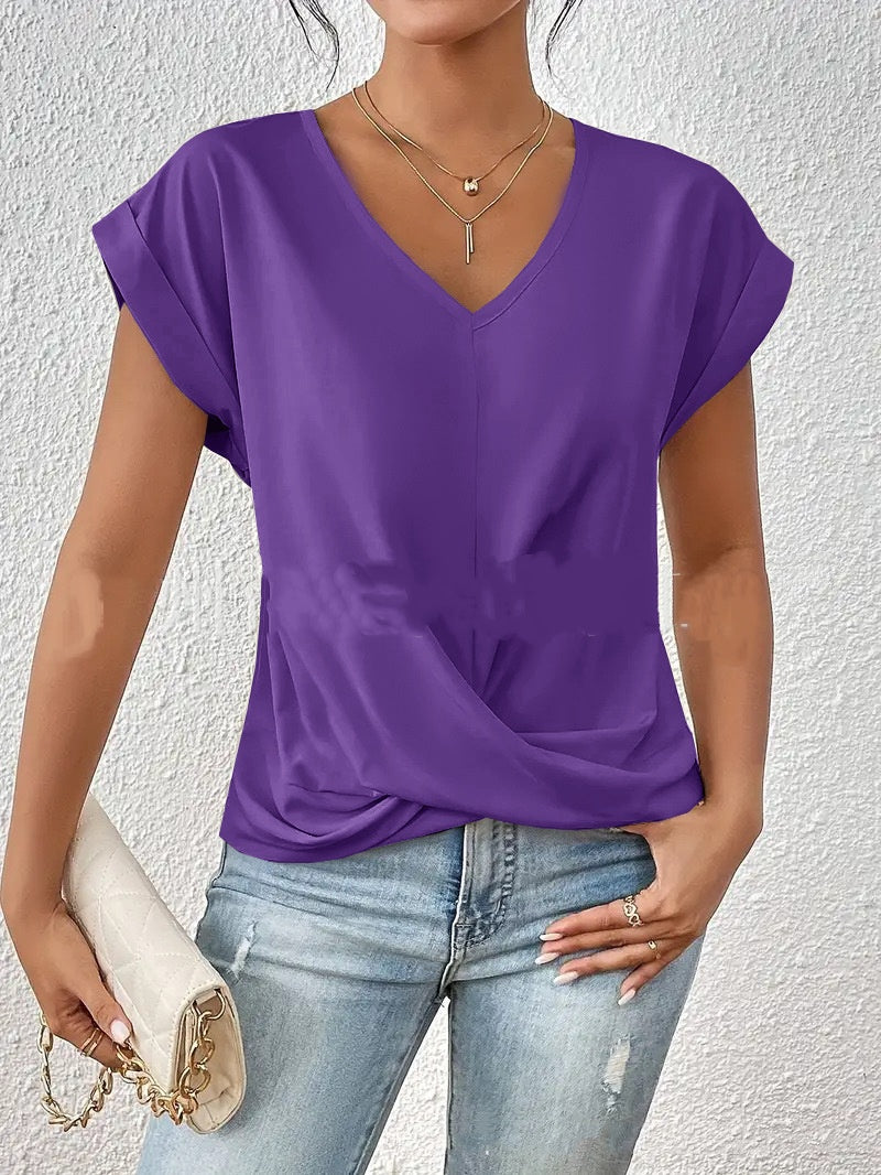 Fashion V-neck Short-sleeve T-shirt Summer Casual Irregular Knot Top For Women Clothing - cas7m