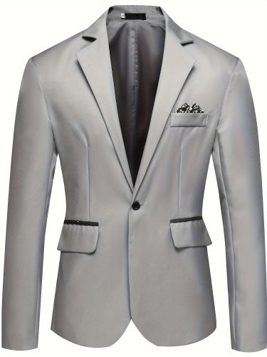 A light gray slim-fit blazer with a single-breasted button closure, notch lapels, flap pockets with black piping, and a patterned pocket square in the chest pocket, shown on a plain white background.