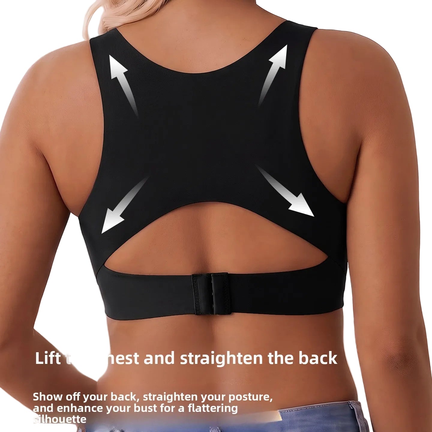 Rear view of a woman wearing a black back-support sports bra with a cutout and adjustable strap, overlaid with white arrows and text claiming lift and straightening of the back.