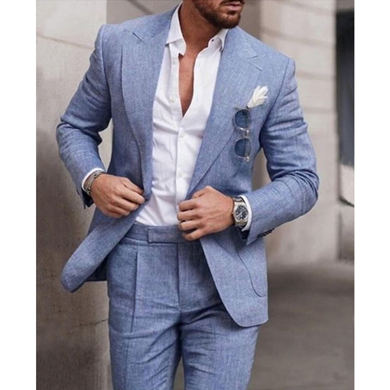 Men's Large Single Row One Button Solid Color Suit Two-piece Set - cas7m