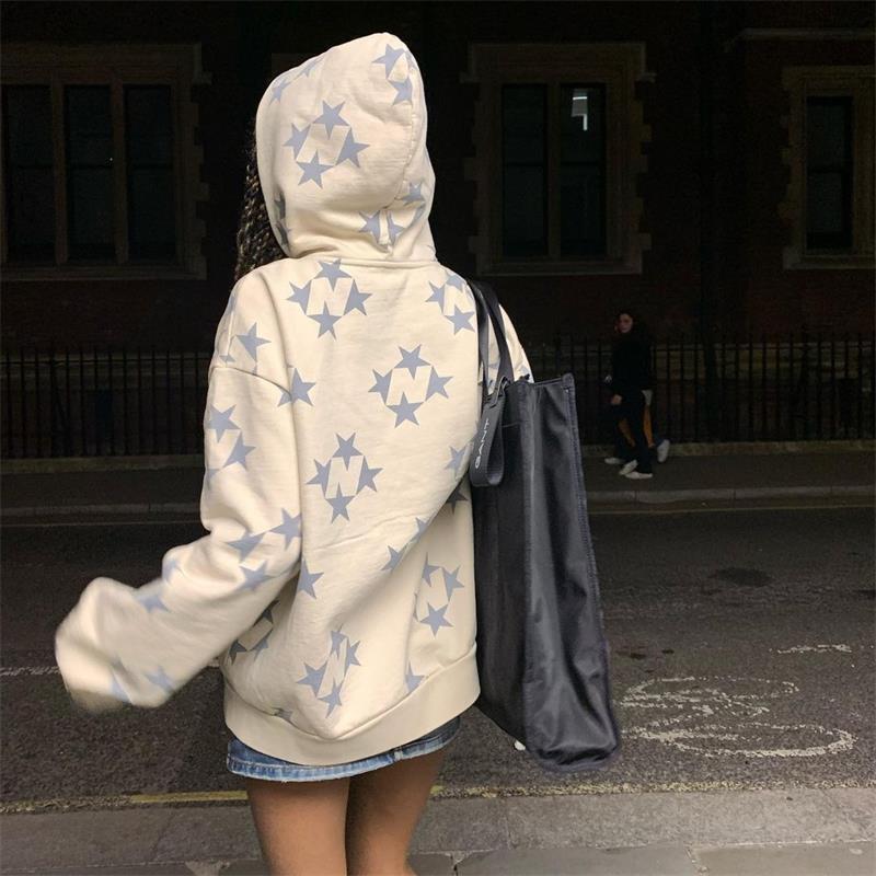 Stars Printed Zipper Hooded Cardigan Couple Fashion Outerwear Hoodies Sweatshirt Street Men Women Coat - cas7m