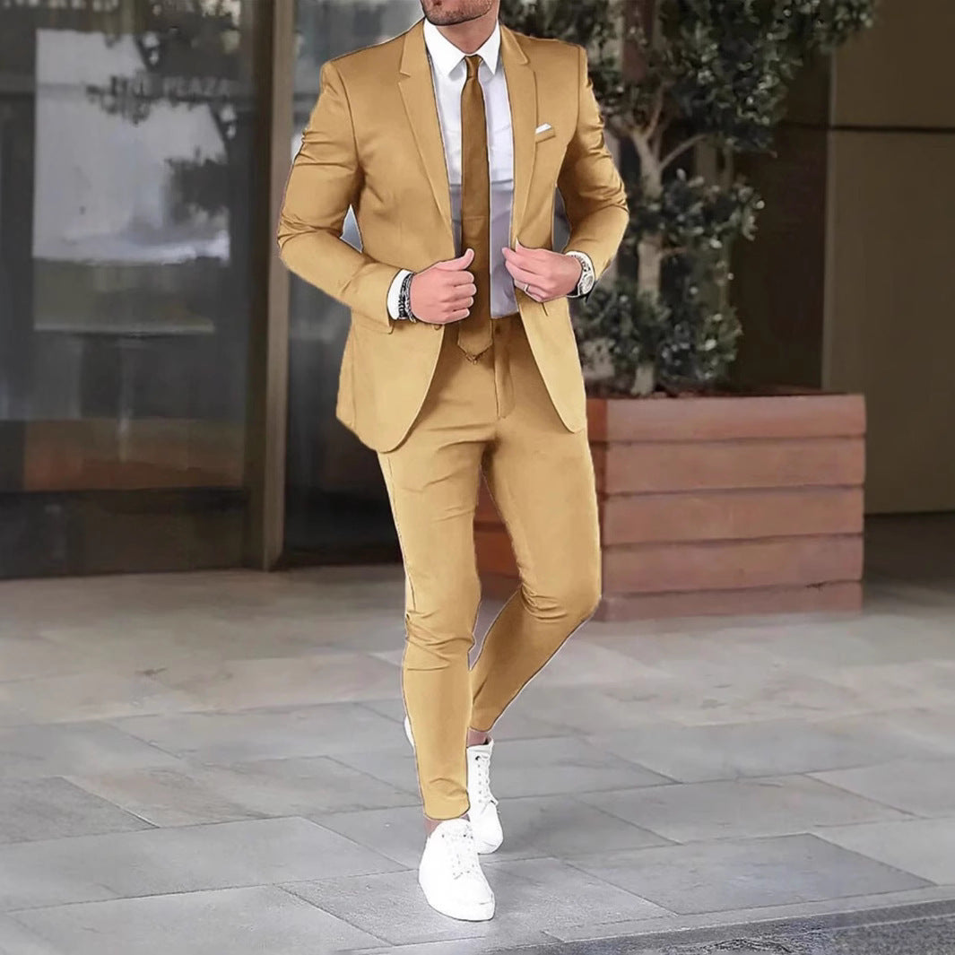 Two-piece Solid Color Slim-fit Coat Suit Pants - cas7m