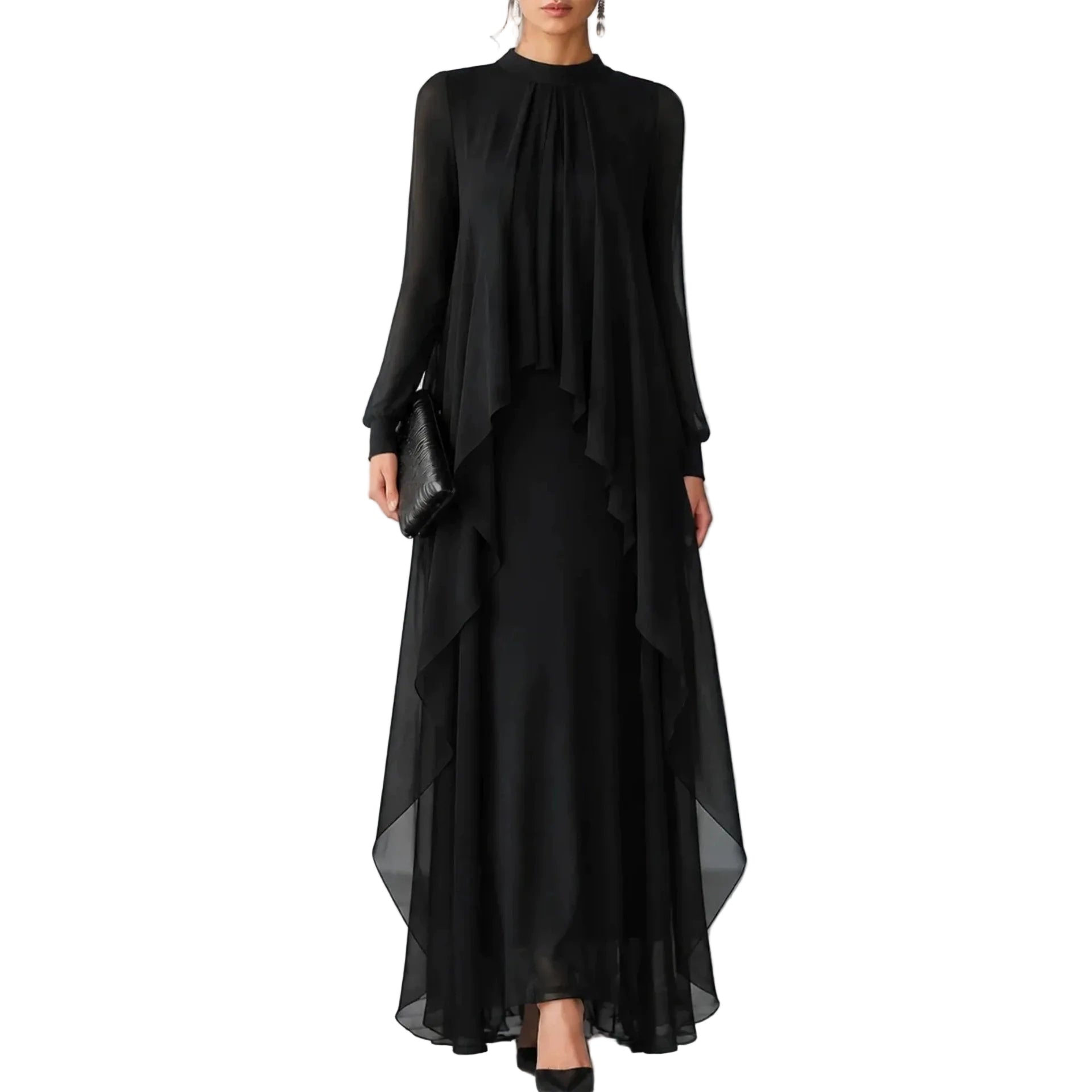 A woman models a long-sleeved black maxi dress with a high-low layered overlay and a gathered neckline, paired with black heels and holding a black clutch, set against a minimalist gray studio background.