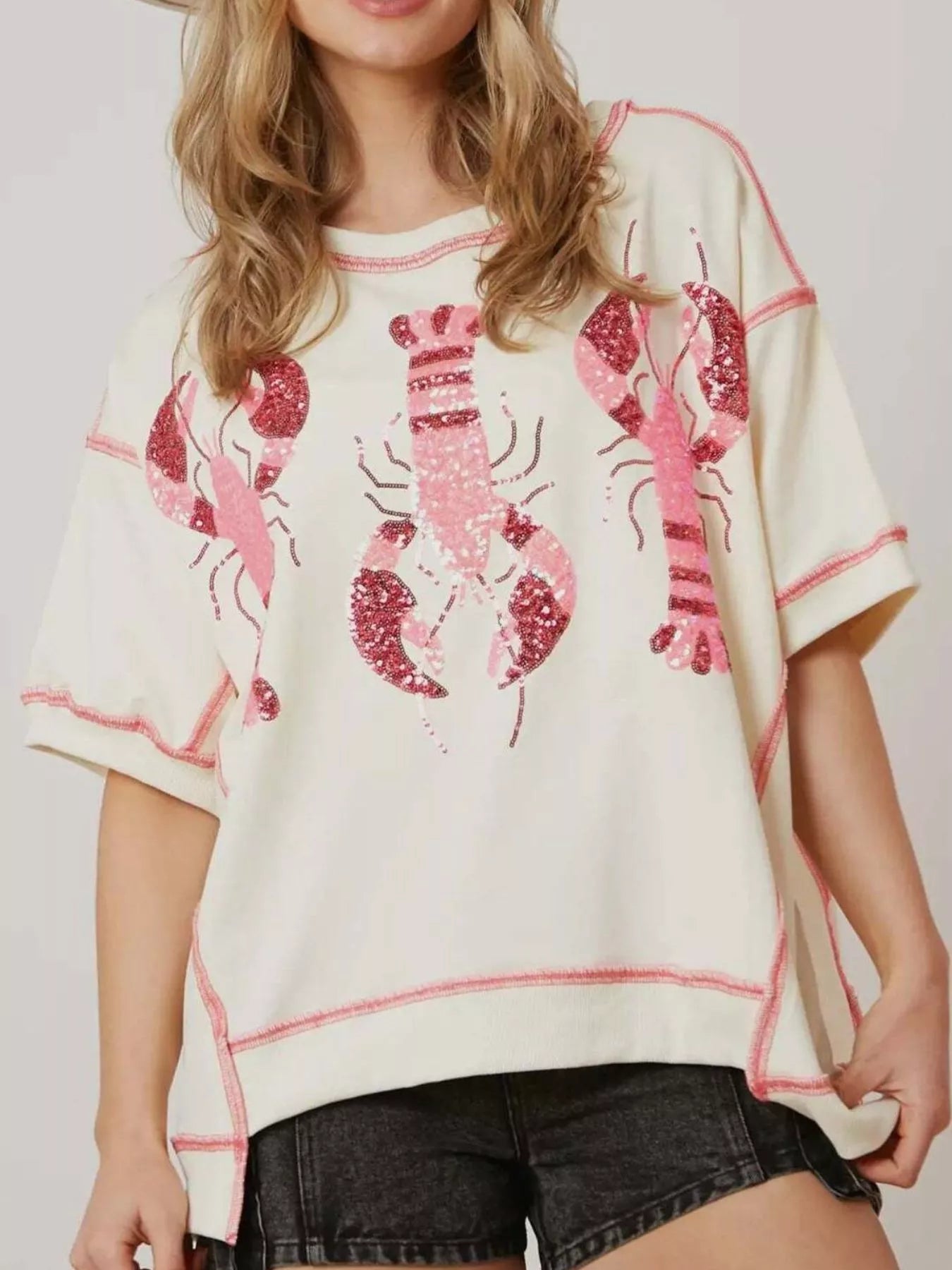 Sequin Lobster Half Sleeve T-Shirt - cas7m